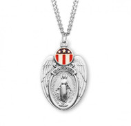 1 1/4" Marines Miraculous Medal with a 24" Chain. Medal is all sterling silver with a genuine rhodium-plated, stainless steel chain. The medal features red white and blue epoxy embellishments. Deluxe velour gift box. 
