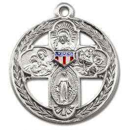 1 1/8" 4-Way Military Medal with a 24" Chain. Sts. Christopher & Joseph, the Sacred Heart of Jesus and the Miraculous Medal. Medal is all sterling silver with a genuine rhodium-plated, stainless steel chain. The medal features red white and blue epoxy U.S. military shield. The back reads: "Queen of Peace, lead us to victory and safely home." Deluxe velour gift box

