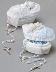Baby Boy or Girl Porcelain Bassinet Box with Rosary nestled inside. 