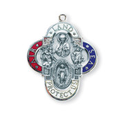 1 1/4" with a 24" Chain. Air, Land & Sea Military 4-Way  Medal w/Sts. Christopher, Michael, the Miraculous Medaland the Sacred Heart of Jesus . Medal is all sterling silver with a genuine rhodium-plated, stainless steel chain. The medal features red white and blue expoxy air, land, and sea. Deluxe velour gift box.