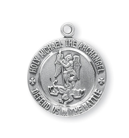 Saint Michael FRONT - 15/16" St. Michael Medal (front) United States Coast Guard medal (back) with 24" Chain. Medals are all sterling silver with a genuine rhodium-plated. Stainless steel chain in a deluxe velour gift box