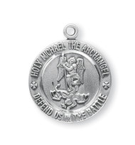 Saint Michael FRONT ~ Sterling silver 15/16" St. Michael Medal. Medal has St Michael depicted on the front and the back of the medal is the United States Air Force symbol.  Sterling silver St. Michael Medal comes on a genuine rhodium-plated stainless steel 24"chain.  A deluxe velour gift box is included