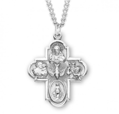 Four-way combination Medal, Miraculous-Scapular-Saint Christopher-Saint Joseph medals. Four way medal comes on a 24" genuine rhodium plated endless curb chain.  Dimensions: 1.4" x 1.1" (35mm x 27mm). Deluxe velour gift box. Made in USA.