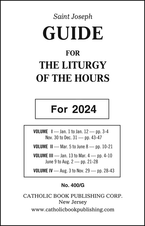 Handy guide that facilitates use of THE LITURGY OF THE HOURS (Product Code: 409/10 or 409/13) by providing clear, accurate references for each day of the period specified. Available in Regular Print:  6 1/4" x 4" or Large Print: 5 1/4" x 8".