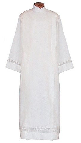 Alb Embroidered with One Inch Lace with Latin Crosses on Sleeves and. Three Inch Lace with Latin Crosses on Bottom. Tailored from tropical weight poly/wool blend easy to care and washable. Button or Velcro closure available please specify. Ample Cut sizes available upon request, please contact us at 800-523-7604 for details