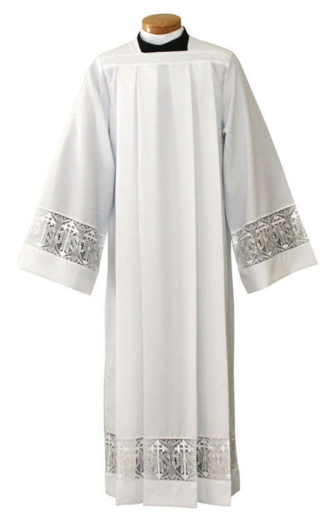  Silky Smooth Poplin Alb with 5" Lace Bands and Latin Cross with IHS. Ample Cut sizes available upon request, please contact us at 800-523-7604 for details. See sizing chart under product description.