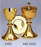 Gold Plate Brass Chalice and Paten: Dimensions: 7 1/4" Height; 3 3/4" Cup Diameter; 12 ounce; 350 host capacity. Gold Plate Ciborium with Lid: Dimensions: 8.5: Height; 4.5" cup diameter. Make Selection in Option Box