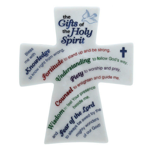 Marble tone Gifts of the Holy Spirit  plaque is cross shaped and features an etched design. Hang, or stand with easel backer. Gift boxed.  6" x 7 1/8"