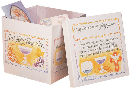 Record and cherish the celebration of the sacraments in the life of your family. Honors the sacraments of baptism, first holy communion and confirmation.  Keep photos, jewelry and other mementos inside.  Sturdy, glossed, heavy paperboard and features the beautiful calligraphy of David Mekelburg .  10" x 10" x 9"