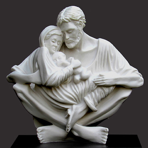 Jesus, Mary and Joseph portrayed in perfect harmony, love and peace
A celebration of the purity of love. Resin Stone (Carrara White) 9.5"h x 10"w x 5"d
Black base.