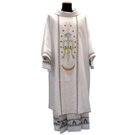 Dalmatic-Chasuble in Primavera fabric (100% polyester). Embroidery in front as illustrated and Marian symbol at the back. Shipped directly from Italy, please allow 4 to 6 weeks delivery.  These items are imported from Europe. Please supply your Institution’s Federal ID # as to avoid an import tax. Please allow 3-4 weeks for delivery if item is not in stock