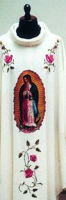 Marian Dalmatic  in Misto Lana fabric (45% pure wool, 55% polyester)
Embroidery in front as illustrated and Marian symbol at the back 
Inside Stole
Shipped directly from Italy, please allow 4 to 6 weeks delivery. 
These items are imported from Europe. Please supply your Intitution’s Federal ID # as to avoid an import tax. 
Please allow 3-4 weeks for delivery if item is not in stock