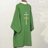 D842 Cross with Crown Symbol-Dalmatic with Crown and Cross Swiss Schiffli embroidery. Constructed of 100% Fortrel Polyester with a linen weave for easy care and durability. Available in White, Ivory, Red, Purple, Kelly Green, Hunter Green, Blue or Rose