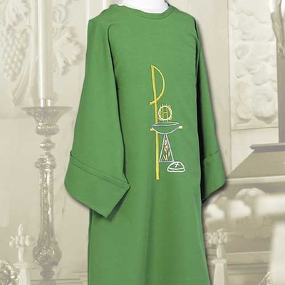 Chi Rho, ChaliDalmatic with Chalice & Host Design Swiss Schiffli embroidery
Constructed of 100% Fortrel Polyester with a linen weave for easy care and durability
Available in White, Ivory, Red, Purple, Kelly Green, Hunter Green, Blue or Rosece and Host