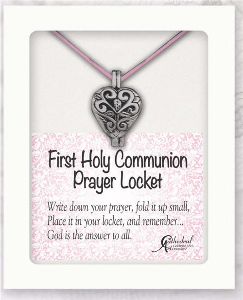 13" Pewter First Holy Communion Prayer Locket on Pink Satin Cord. Gift Boxed with Instructions: "Write  down your prayer, fold it up small, Place it in your locket, and remember...God is the answer to all.