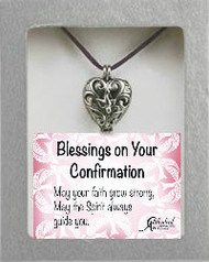 Confirmation Prayer Locket. Say your prayer and gently blow the prayer into the box and close the lid. Comes attached to a 24" Plum Satin Cord. Boxed with a card that reads: "Blessings on your Confirmation. May your faith grow strong, May the Spirit always guide you."