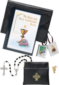 Boy's First Communion Black Leatherette Missal Set (Please note the pin is silver NOT Gold as pictured)