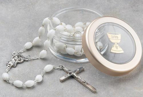 White First Communion Rosary in Clear Case