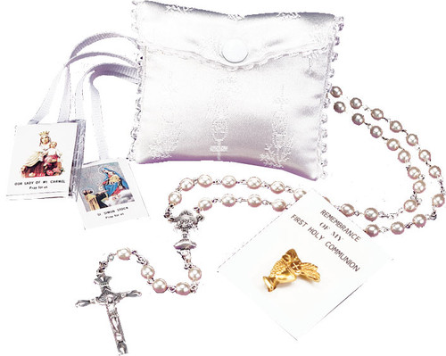 White Silk Pouch Rosary Case Set with Rosary, Scapular, & First Communion Pin