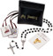 Black squeeze rosary pouch set contains and black olive wood rosary, a scapular and lapel pin.