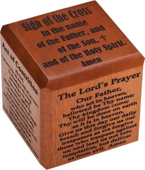2 1/2"  Prayer Cube made of mahogany with 6 Prayers in Laser Cut Lettering.  The 6 Prayers include: The Our Father, Hail Mary, The Act of Contrition, Prayer to St. Michael, Glory Be, &  The Sign of the Cross