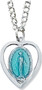 Rhodium Plated Pewter Blue Enameled Miraculous Medal in Heart Shaped Pendant. Comes on 18" chain. Dimension: 9/16" X 1/2"