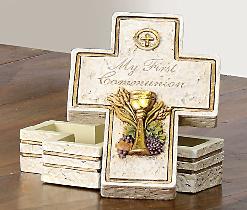 My First Holy Commmunion Rosary Box. Resin/Stone Blend. Measures 3.5". Gift Boxed.  Matching photo frame (#96280083) and Wall Cross (#47603) are available. 