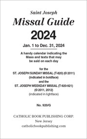 A handy calendar that indicates the Mass and texts that may be said on each day. Can be used with the following: ST. JOSEPH SUNDAY MISSALS: Product Codes 820/09;820/22GN; 820/22B; 820/10BN; and 820/23 and the following ST. JOSEPH WEEKDAY MISSALS: Product Codes 920/09; 920/23; 921/09; and 921/23.