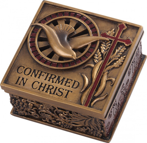 Confirmed in Christ Collection. 2.75" Keepsake Box~ Resin/Stone mix with Bronze Finish. See also Wall Cross (#130072) 