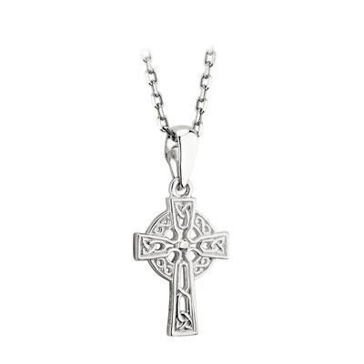 Sterling Silver Celtic Cross Pendant.  Sterling Silver Celtic Cross Pendant comes on an 18" Sterling Silver Rolo Chain. Celtic Cross design dates back to the ninth century and creates a strong connection with the wearer’s faith as well as with Irish tradition. This sterling silver piece features delicate filigree detail, and has been engraved with iconic Celtic knot-work. The outer circle of this pendant represents eternity. Irish Hallmarked Sterling Silver!