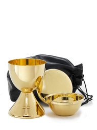24kt Gold-Plated Chalice/Ciborium Set with Scale Paten.  Scale Paten also serves as a Lid.  Height 5" ~ Holds 8 oz.  Inner Bowl measures 3 1/8" ~ Host Capacity approx. 40.  All Host Capacities are Based on 1 3/8" hosts. Also available in Silver plate or Sterling Silver. 

 