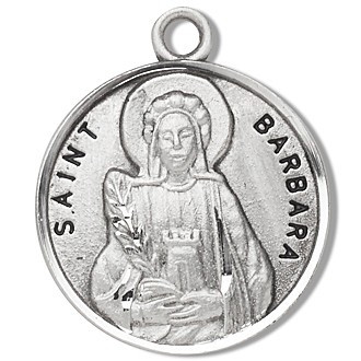 Saint Barbara 7/8" Round Sterling Silver medal w/18" chain.  St Barbara sterling silver medal comes on an 18" Genuine rhodium plated fine curb chain and presents in a deluxe velour gift box. Made in the USA. Engraving Option Available 