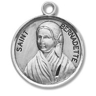 Round St. Bernadette w/18" Chain - Sterling silver St. Bernadette medal comes on an 18" genuine rhodium plated fine curb chain. Medal presents in a deluxe velour gift box.  Made in the USA. Engraving Option Available