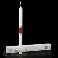 The symbols for the sacraments of Baptism, Communion and Confirmation are beautifully featured on this RCIA Candle. Sculptwax design executed on a candle proportioned for the adult Catechumen. Includes cardboard drip protector.  Measures:  1-1/4" x 17"
