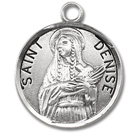 Saint Denise Medal- Round St. Denise w/18" Chain - Boxed. 3rd Century Martyr. Patron of Headaches, motorcycle and bicycle accidents. Medal is all sterling silver with a genuine rhodium-plated, stainless steel chain in a deluxe velour gift box. Engraving Available