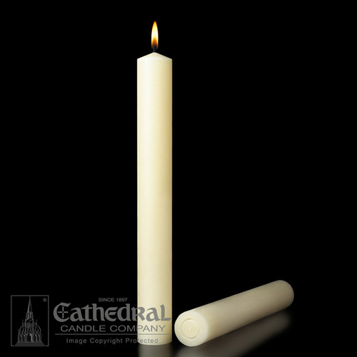 Small diameter Longer Burning, guaranteed and stamped. 51% Beeswax candles feature a dimensional design and are expertly crafted for table altars. Insistence on the finest beeswax is long-standing because the wax is symbolic of the purity of Christ himself. Self-fitting or plain ends. Bulk pricing available for 4 or more cases. Please call 800 523 7604 for pricing.