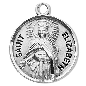 Solid .925 sterling silver round St. Elizabeth medal on an 18" Genuine rhodium plated fine curb chain. Medal comes in a deluxe velour gift box. Dimensions: 0.9" x 0.7"(22mm x 18mm). Weight of medal: 3.3 Grams. Engraving Available