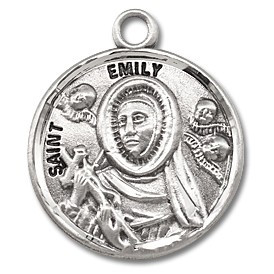 Round Sterling silver St. Emily medal/pendant comes on an 18" Genuine rhodium plated fine curb chain. Medal comes in a deluxe velvet gift box. Engraving Available