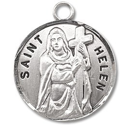 Saint Helen Medal - Sterling silver Round St. Helen medal/pendant comes on an 18" Genuine rhodium plated fine curb chain. Dimensions: 0.9" x 0.7"(22mm x 18mm)
Weight of medal: 3.3 Grams.  Included is a deluxe velvet gift box. Engraving Available
