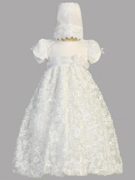 Amber ~ A gorgeous embroidered satin ribbon tulle Christening dress with bonnet. Sizes : 0-3m (7-12lb), 3-6m (12.5-16lbs) , 6-12m (16.5-20lbs), 12-18m 24.5-27lbs). Made In USA