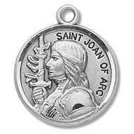 Saint Joan of Arc Medal ~ Round Sterling Silver Joan of Arc medal pendant comes with an 18" Genuine rhodium plated fine curb chain.  A deluxe velour gift box is included. Dimensions: 0.9" x 0.7"(22mm x 18mm)
Weight of medal: 3.3 Grams.
Made in the USA. Engraving Available