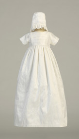 Gown depicted with Girl's Hat with ruffle-Jamie ~  Raw Silk heirloom gown with two hats (boy and girl)  Sizes : 0-3m, 3-6m, 6-12m, 12-18m. Made in USA. Can be embroidered with name and date of christening . Please allow two - three weeks for processing. No Returns