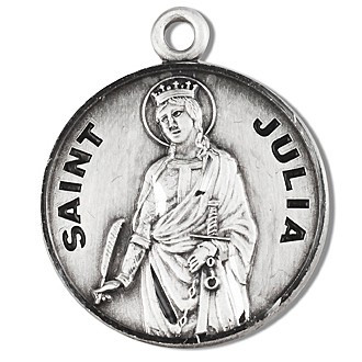 Saint Julia Medal ~ Round sterling silver St. Julia medal/pendant. Medal comes on an 18" Genuine rhodium plated fine curb chain. A deluxe velour gift box is included. Engraving Option Available