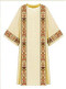 Dalmatic made in  Dupion fabric,  70% man-made fibers and 30% viscose. Adorned with Regina orphreys, a multi-colored brocade. Width 53", length 59". Plain neckline. Available in beige or green. Regina brocade: white/red, white/green, white/purple or white/blue.These items are imported from Europe. Please supply your Institution’s Federal ID # as to avoid an import tax. Please allow 3-4 weeks for delivery if item is not in stock.

 