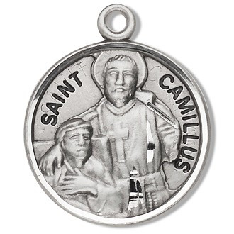Saint Camillus Medal ~ Round Sterling Silver with a 20" genuine rhodium-plated, stainless steel chain in a deluxe velour gift box. Engraving Option Available

 