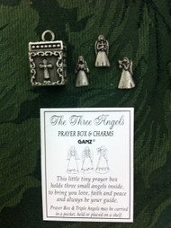 Three Angels Prayer Box and Charms. Set of 3 Angels ~ one is holding a dove, another a heart and the third a cross. . All three Angel Charms fit inside the prayer box. Comes with a card that reads: "This little tiny prayer box holds three small angels inside, to bring you love, faith and peace and always be your guide.". The Angels are 5/8" tall. The prayer box is 13/16" tall. Made of Zinc