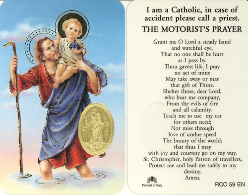 Laminated prayer card with gold foil embossed medal design on each card. Prayer on reverse side. Approximately 2 1/4 x 3 1/4 inches. Printed in Italy

 