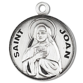 Saint Joan Medal ~ Round Sterling Silver St. Joan medal/pendant comes on an 18" genuine rhodium plated fine curb chain. A deluxe velour gift box is included. Engraving is available