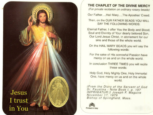 Laminated prayer card with gold foil embossed medal design on each card. Prayer on reverse side. Approximately 2 1/4 x 3 1/4 inches. Printed in Italy

 