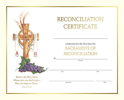 Pre-printed Certificates of Reconciliation, Spiritual Collection
8" x 10" Reconciliation Certificates ~ pre-printed certificates. 50 certificates per box. 

 